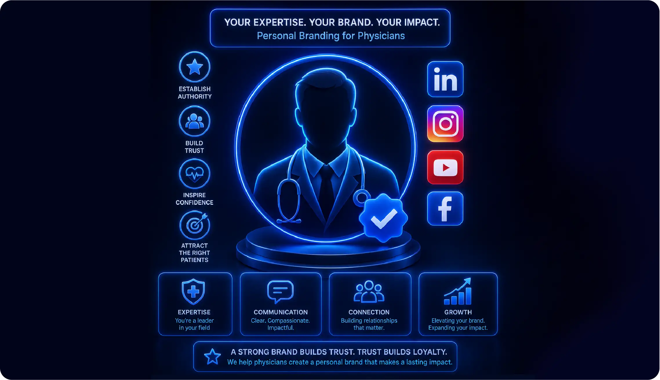 A doctor's silhouette with a verified badge and brand icons, symbolizing personal branding services for physicians.