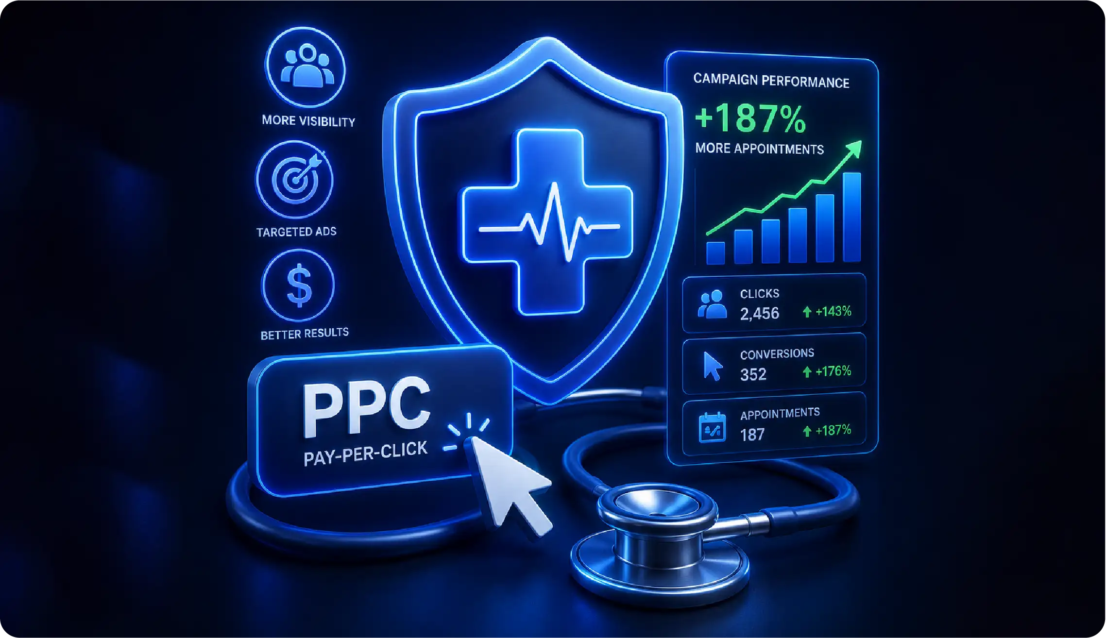 A medical shield icon with a pay-per-click cursor and analytics chart, representing PPC advertising for healthcare.