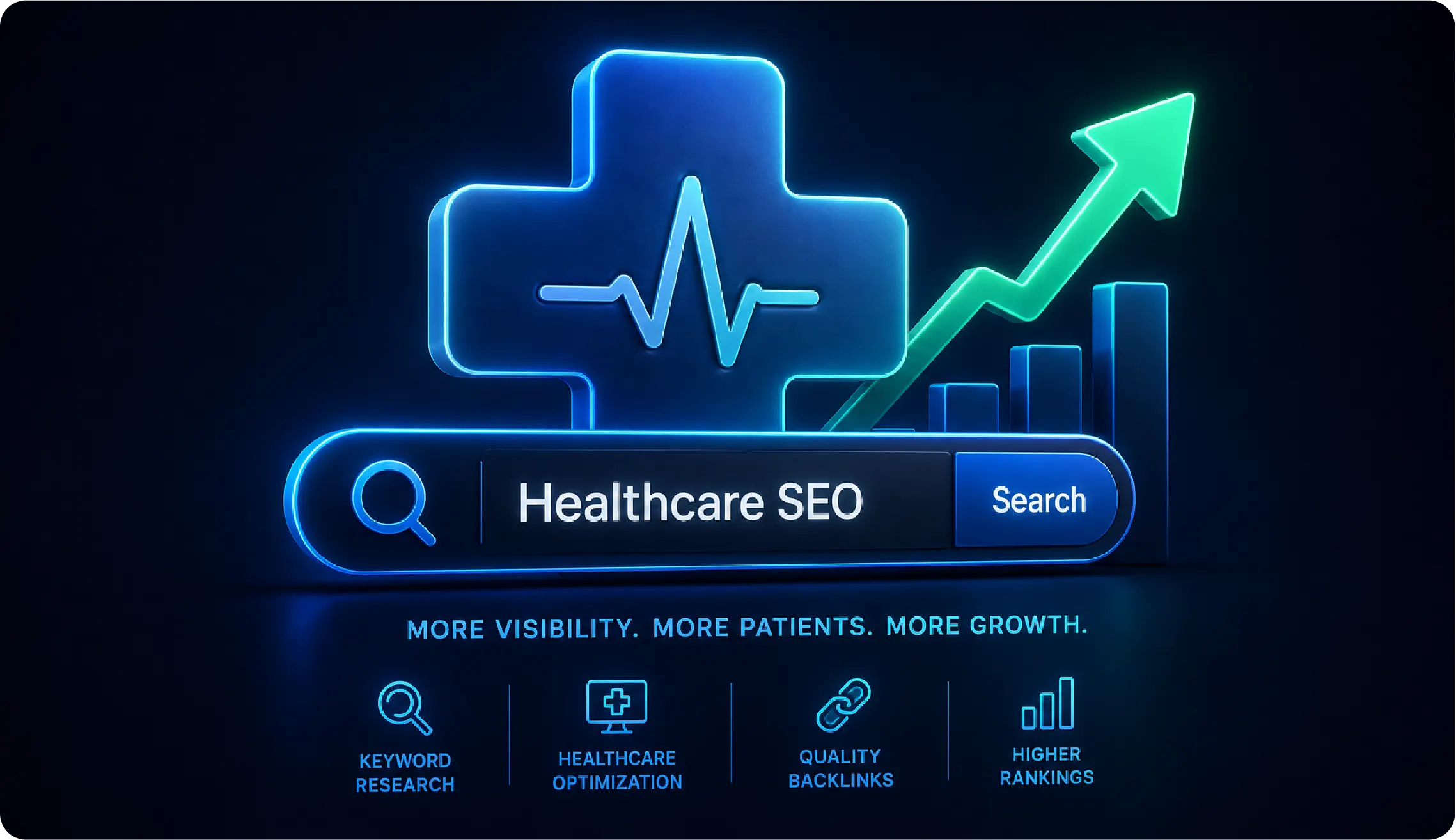 A medical cross icon combined with a search bar and upward ranking arrow, symbolizing healthcare-focused SEO services.