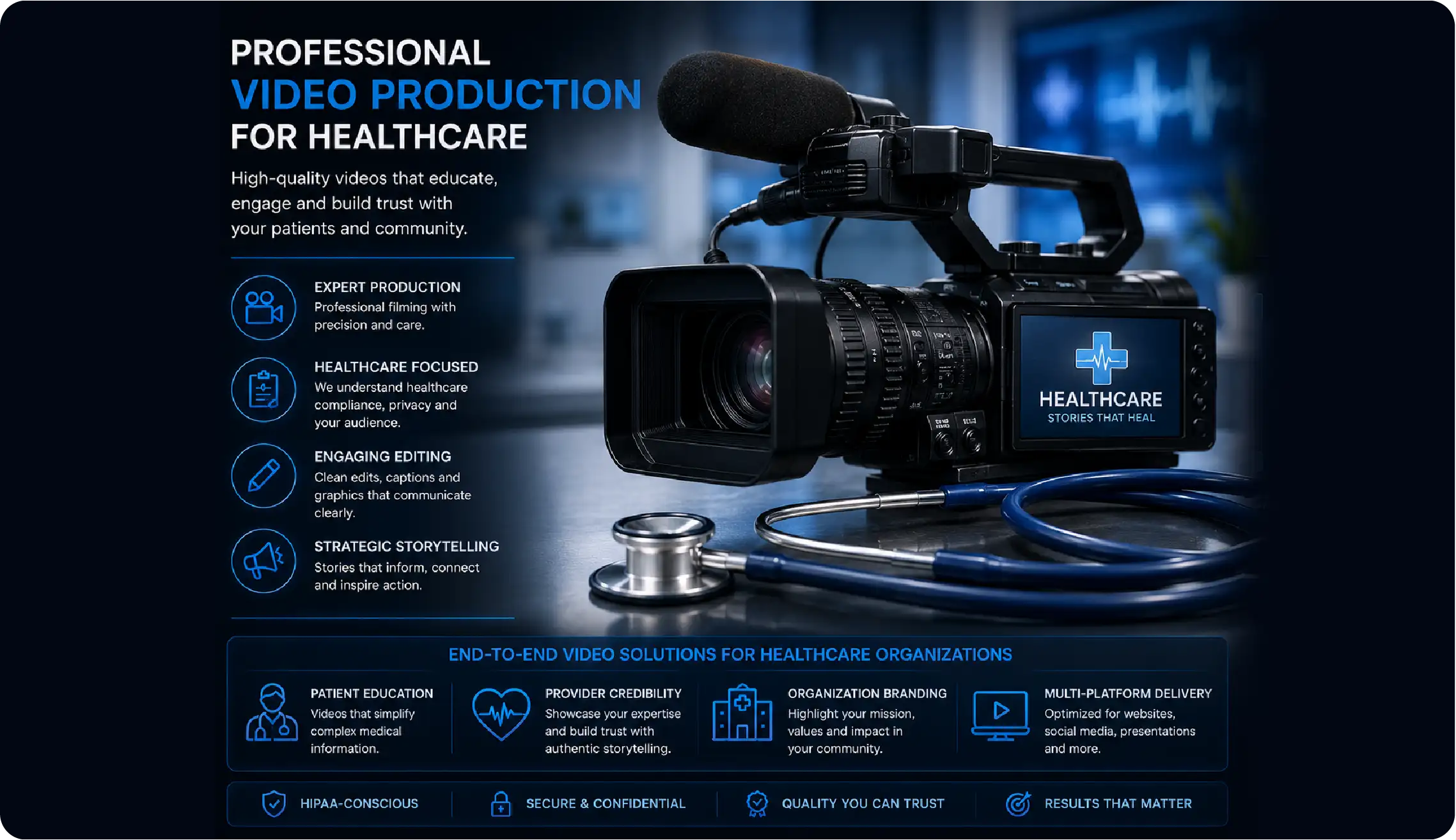 A video camera positioned beside a stethoscope, symbolizing professional video production services for healthcare organizations.