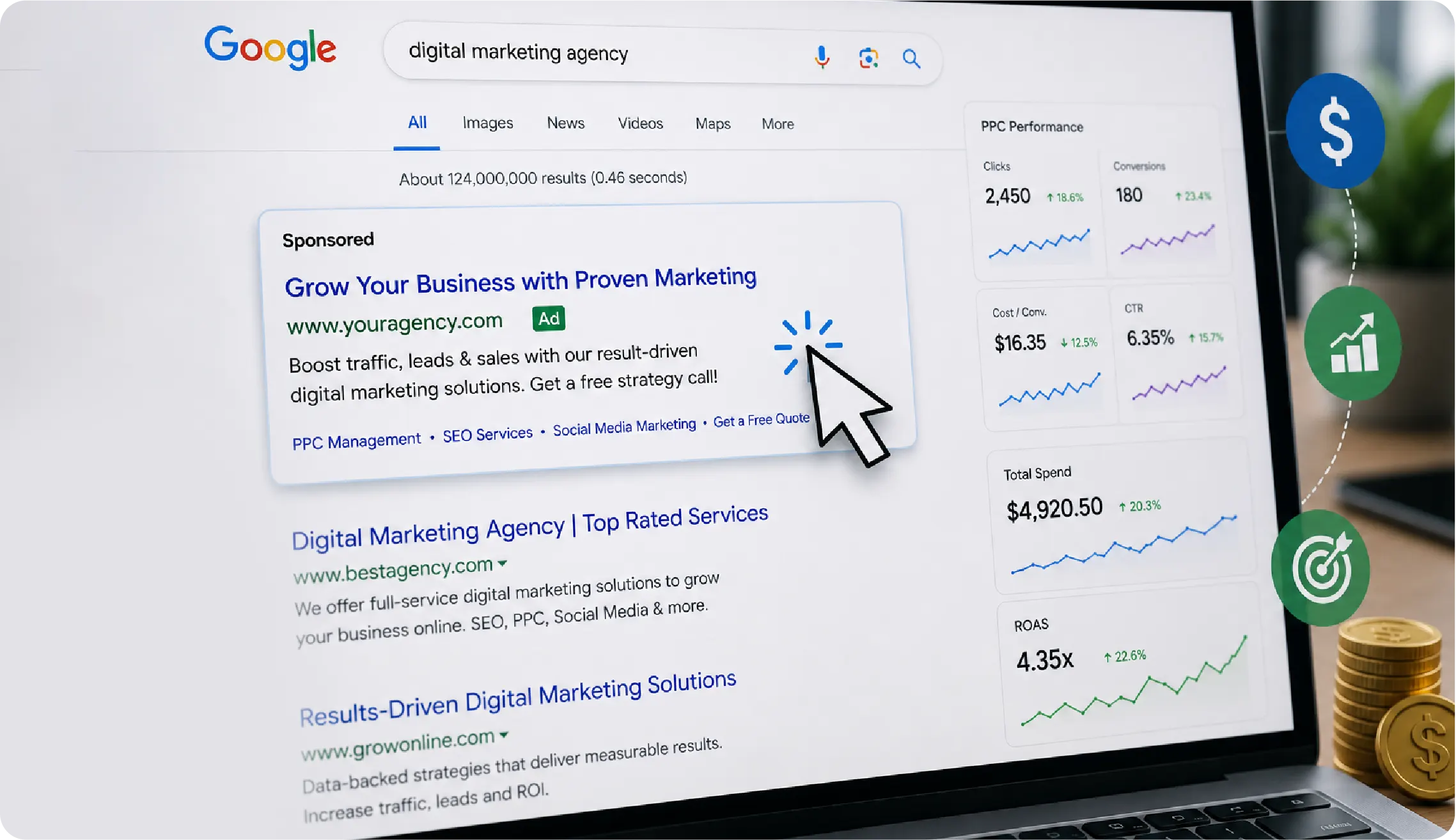 A computer cursor clicking on a sponsored ad with dollar signs and analytics, symbolizing pay-per-click advertising management.