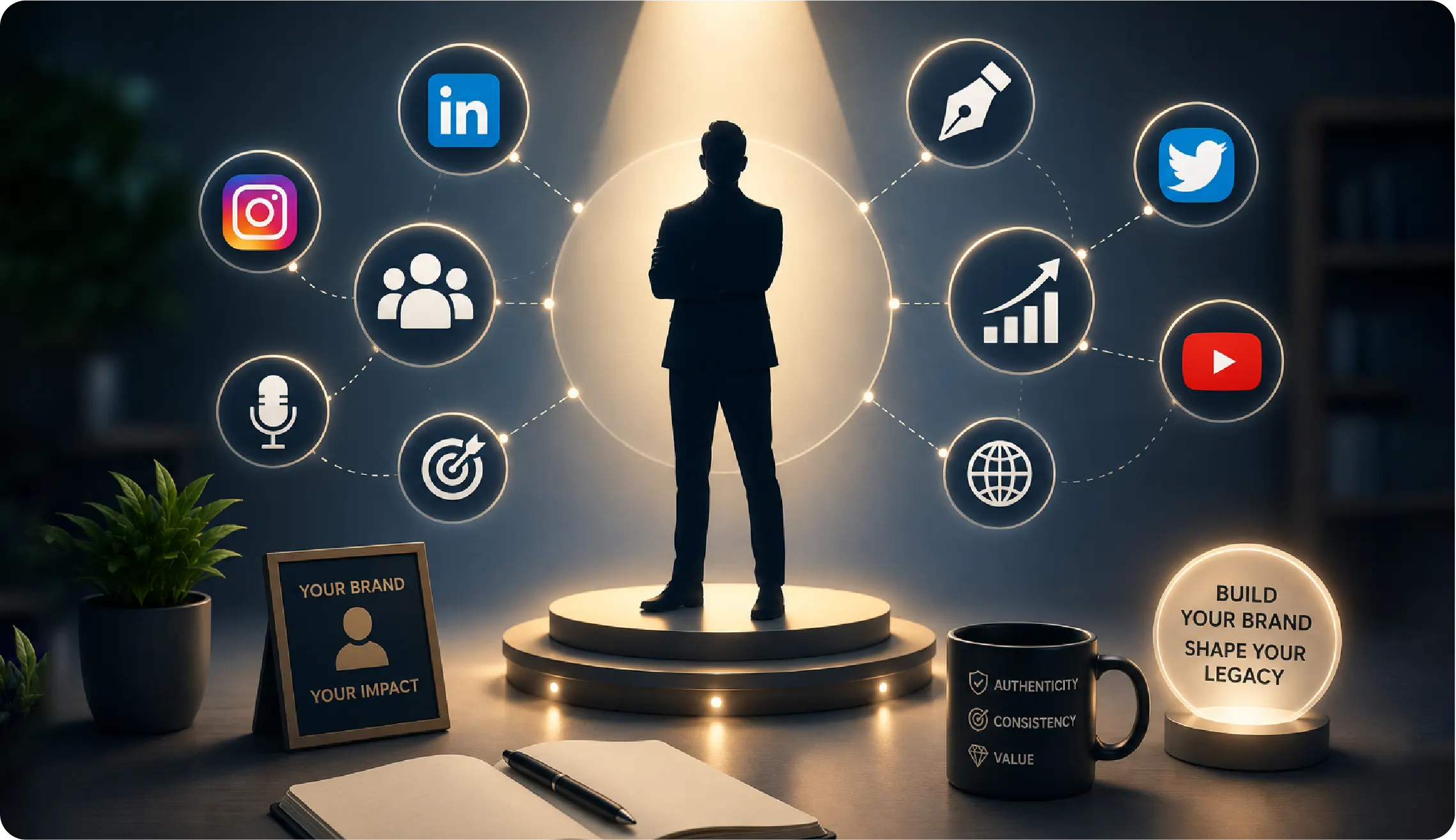 A stylized person silhouette with a spotlight and brand icons, representing personal branding and professional identity.