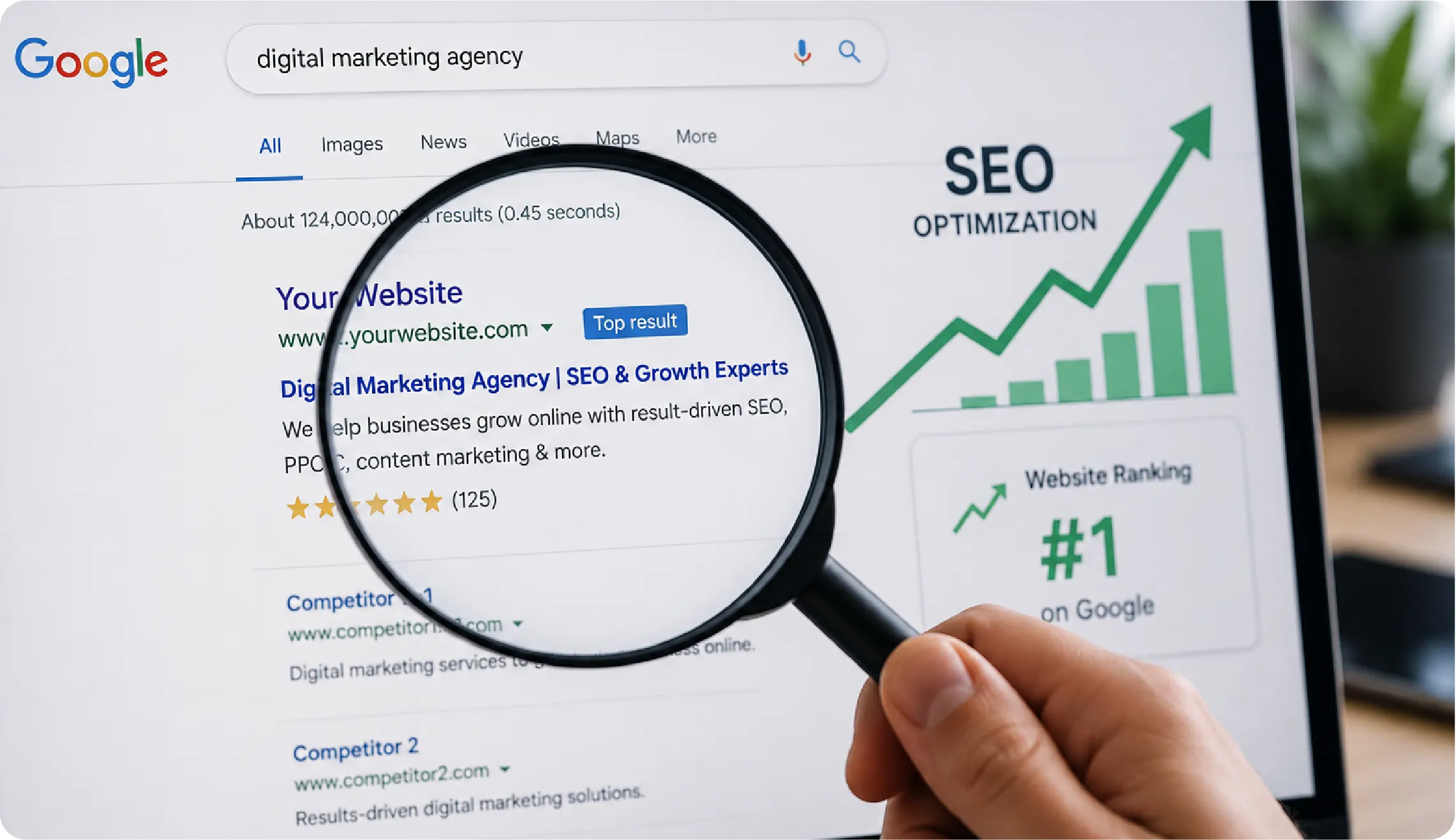 Magnifying glass over a search engine results page with upward arrows, symbolizing SEO optimization and improved website rankings.